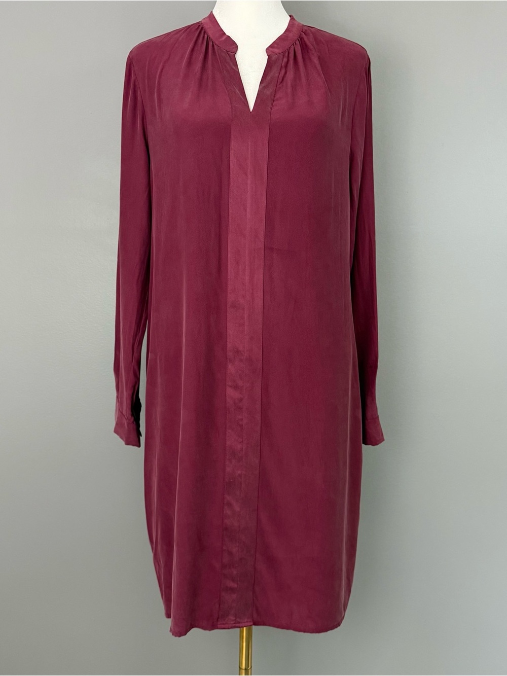 J.Jill Size Petite Medium 100% Silk Burgundy Pullover Dress Long Sleeve V Neck